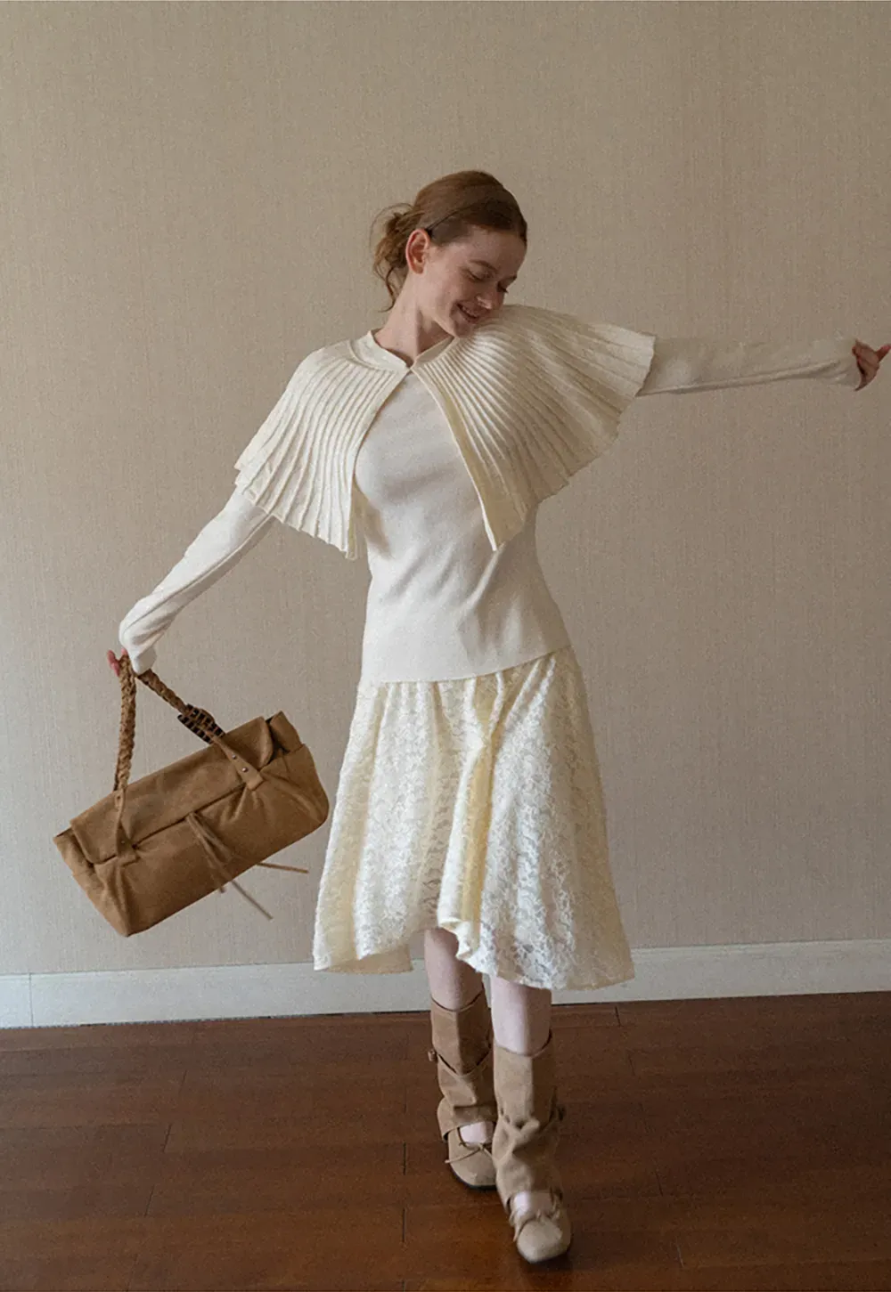 Fur Trimmed Ribbed Knit Cape Sweater