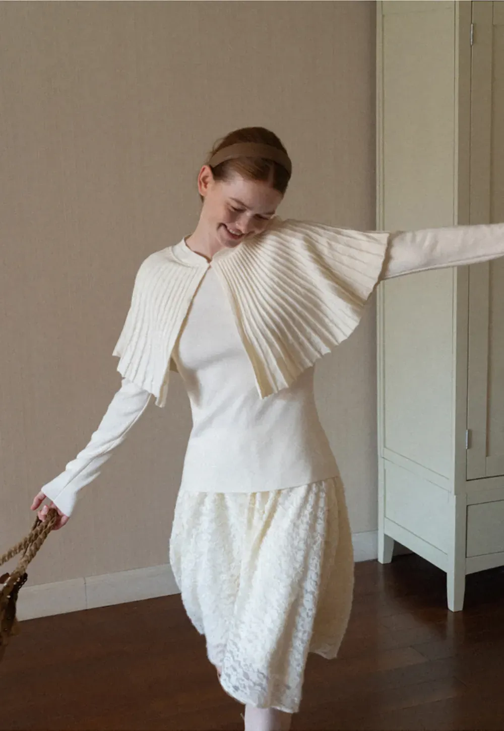 Fur Trimmed Ribbed Knit Cape Sweater
