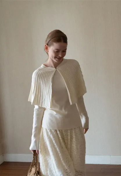 Fur Trimmed Ribbed Knit Cape Sweater