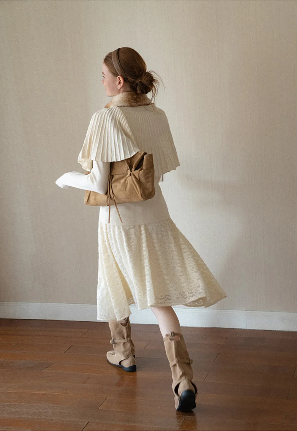 Fur Trimmed Ribbed Knit Cape Sweater