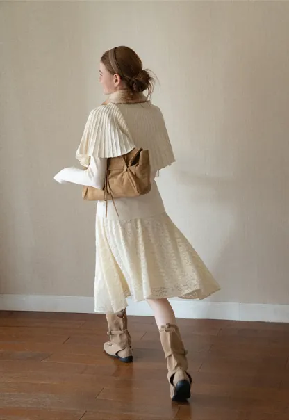 Fur Trimmed Ribbed Knit Cape Sweater