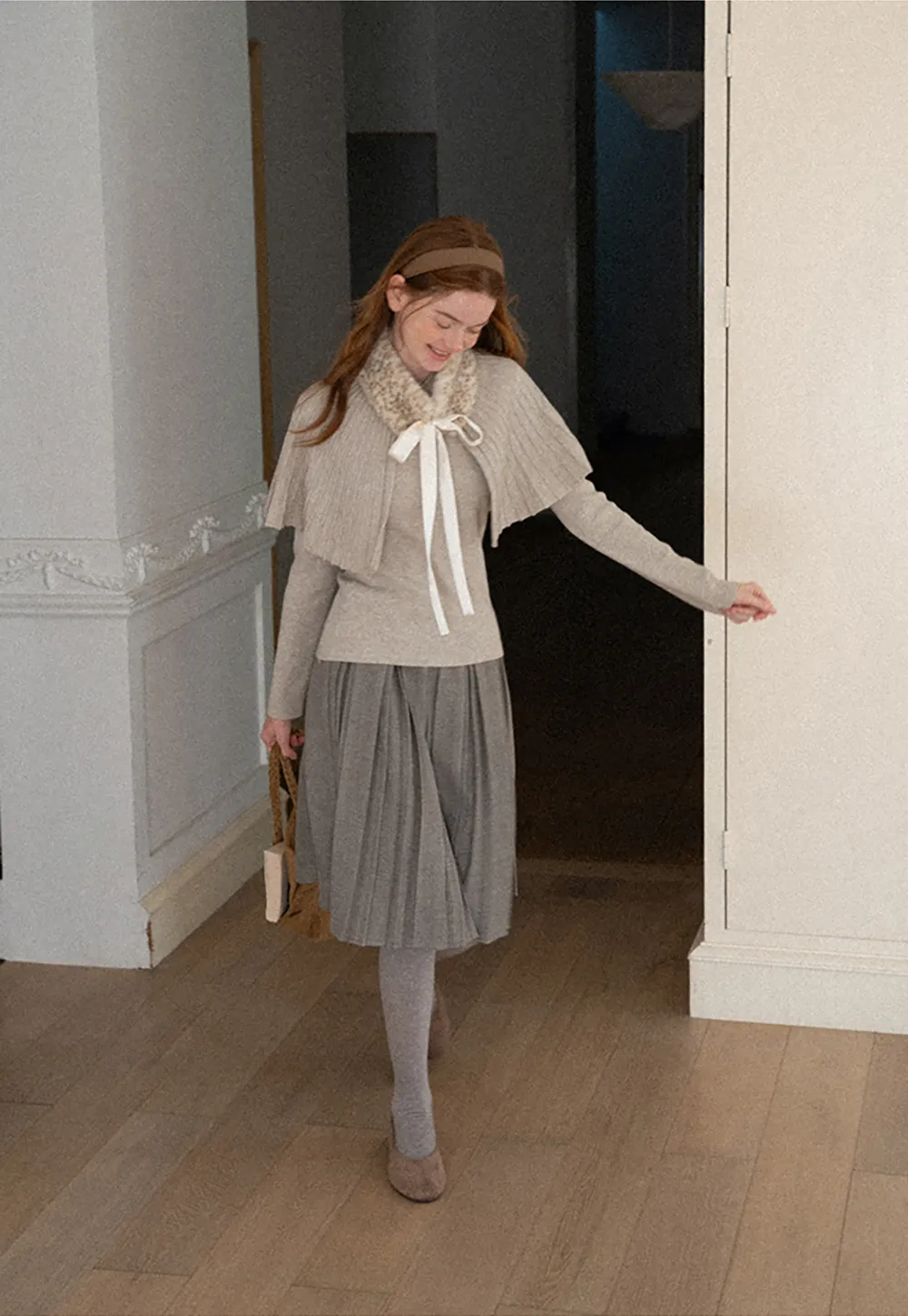 Fur Trimmed Ribbed Knit Cape Sweater