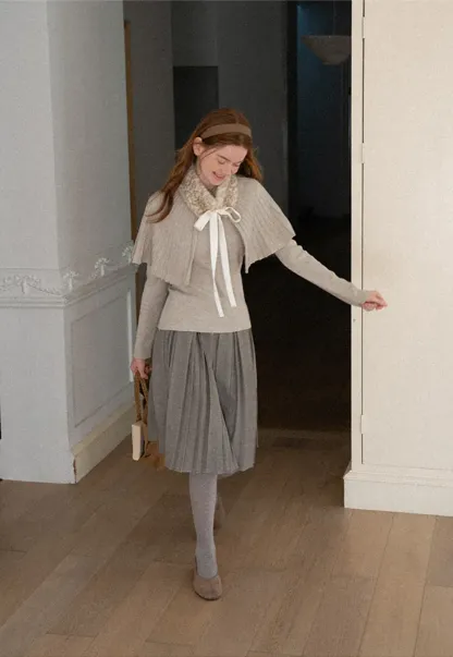 Fur Trimmed Ribbed Knit Cape Sweater