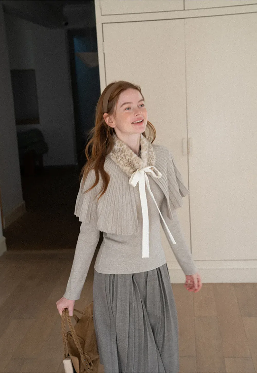 Fur Trimmed Ribbed Knit Cape Sweater