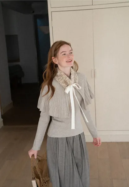 Fur Trimmed Ribbed Knit Cape Sweater