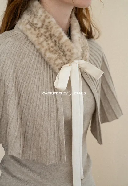 Fur Trimmed Ribbed Knit Cape Sweater