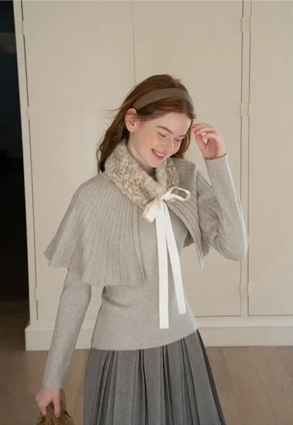 Fur Trimmed Ribbed Knit Cape Sweater