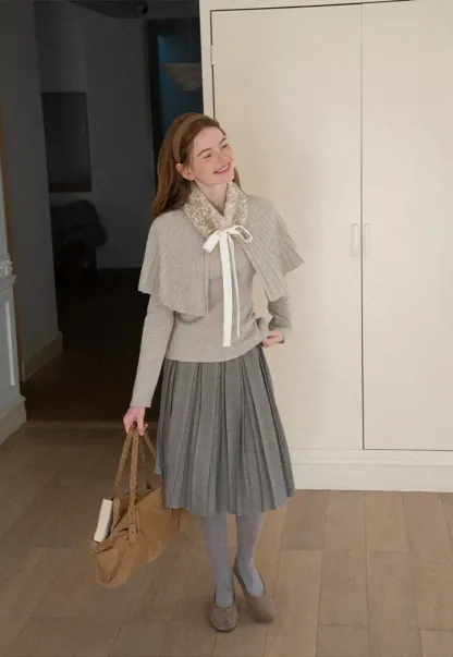 Fur Trimmed Ribbed Knit Cape Sweater