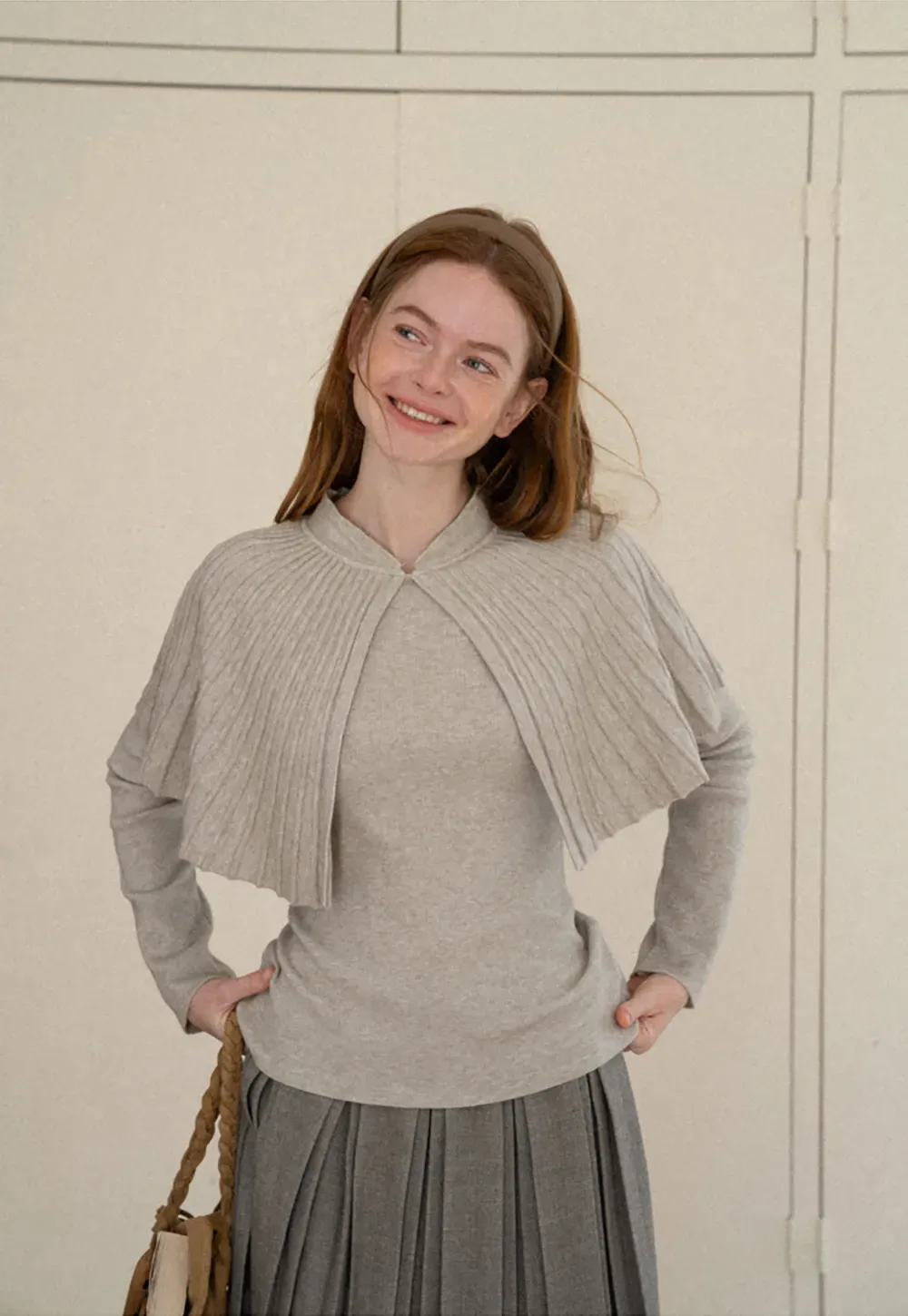 Fur Trimmed Ribbed Knit Cape Sweater
