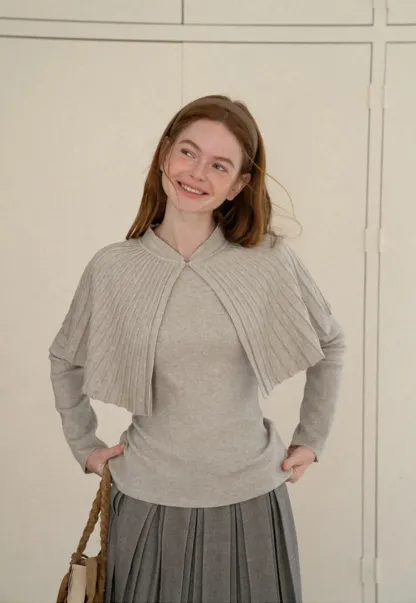 Fur Trimmed Ribbed Knit Cape Sweater