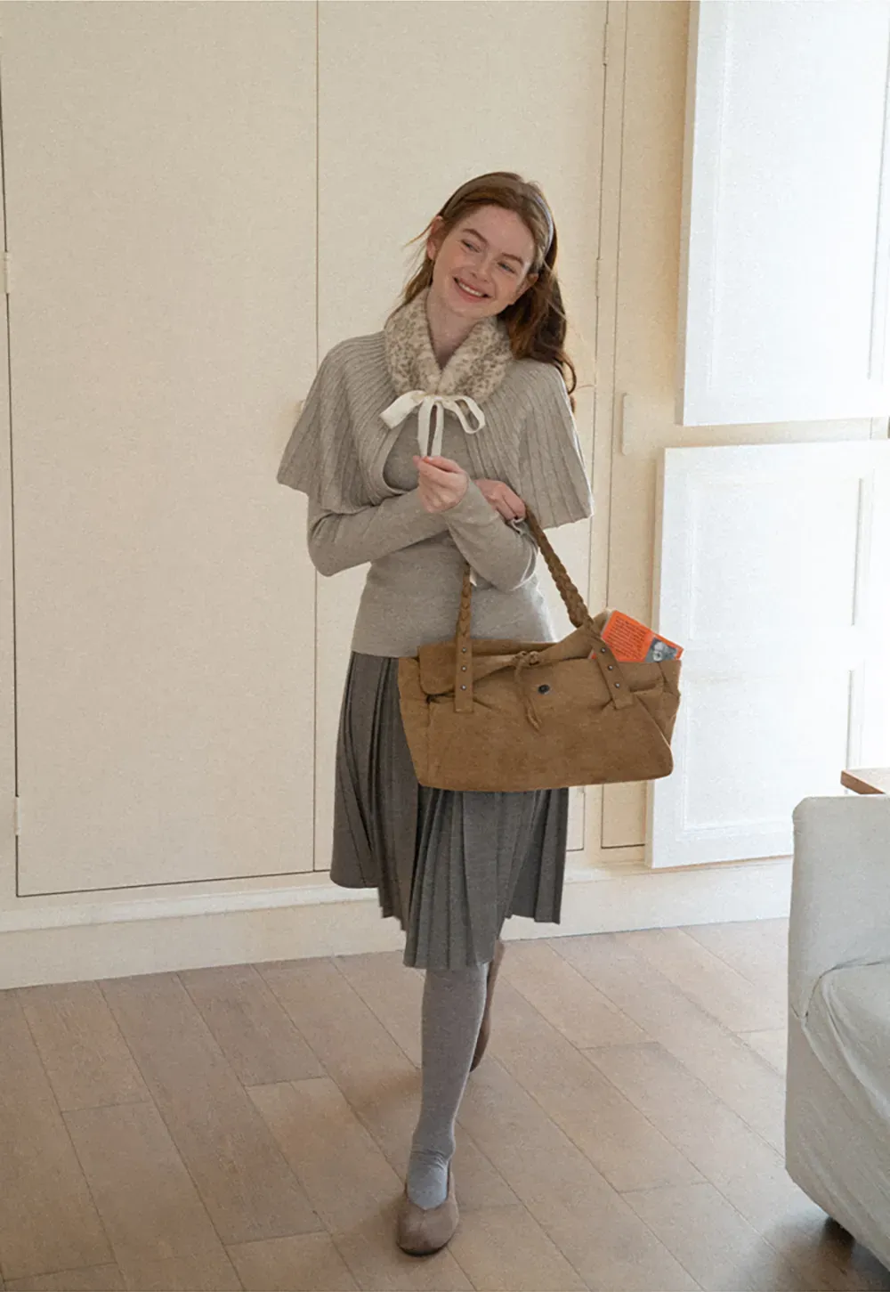 Fur Trimmed Ribbed Knit Cape Sweater