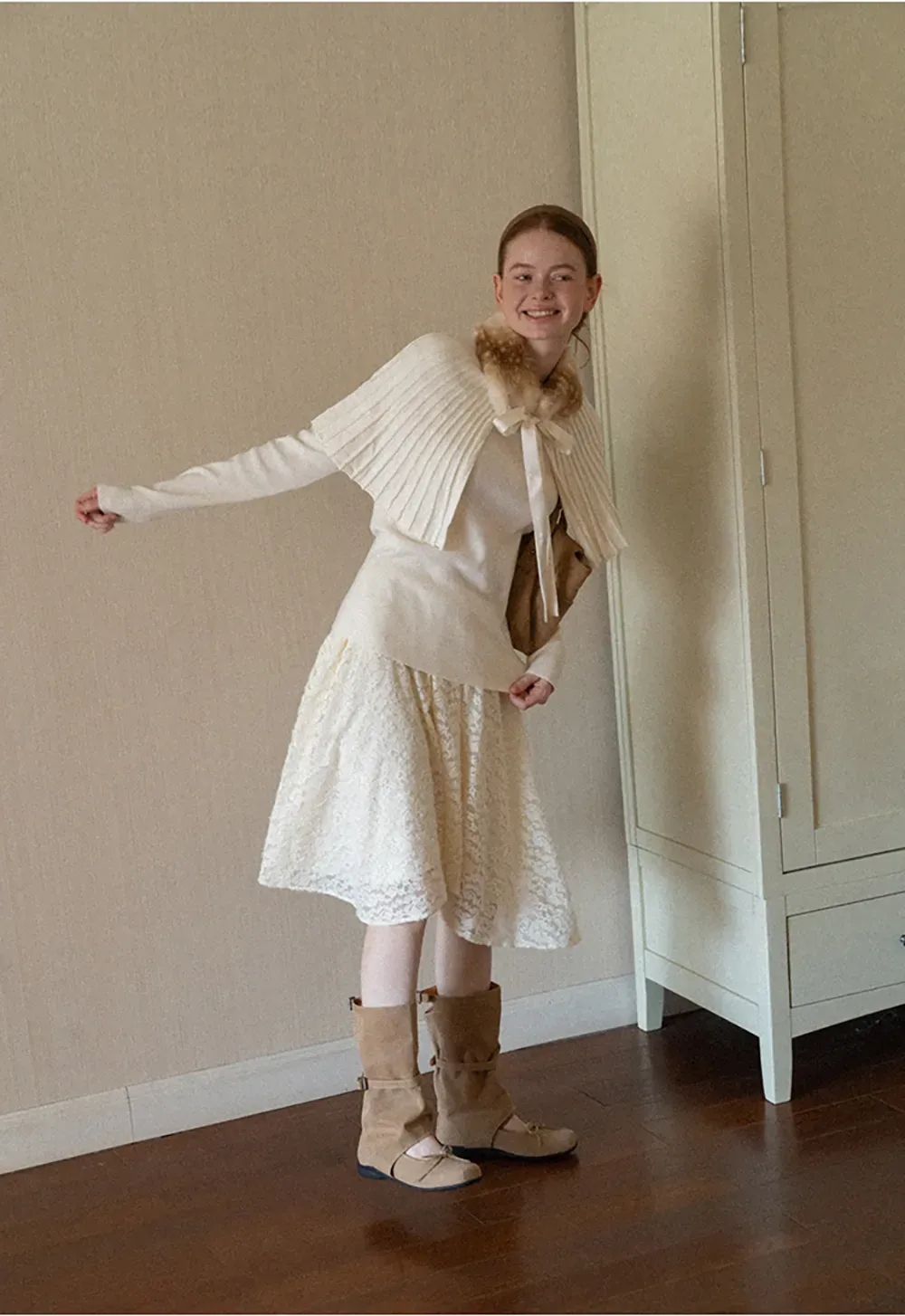 Fur Trimmed Ribbed Knit Cape Sweater
