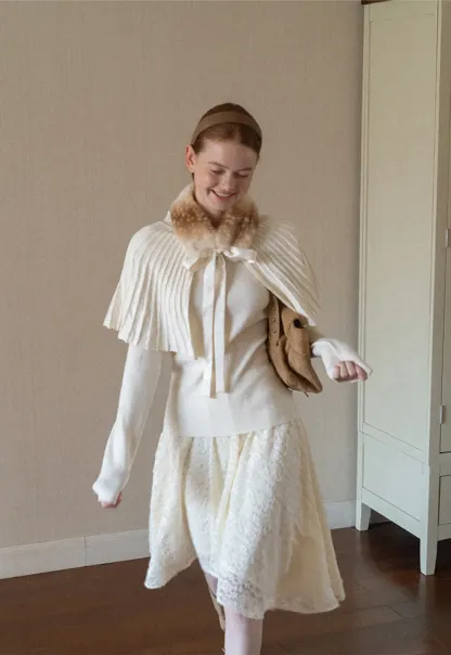 Fur Trimmed Ribbed Knit Cape Sweater