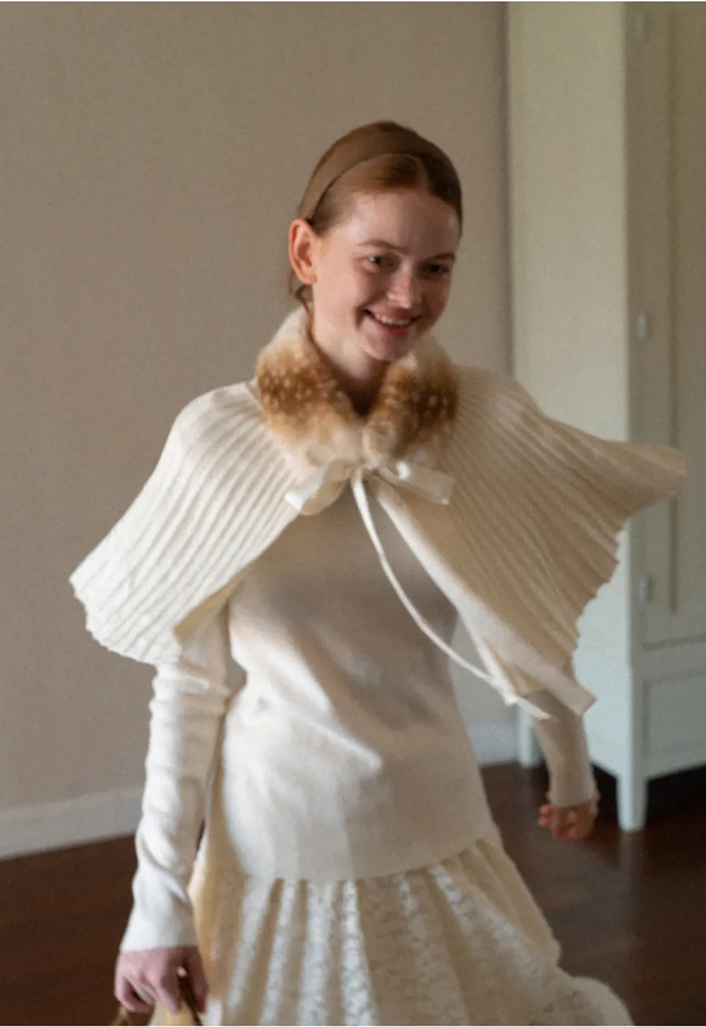 Fur Trimmed Ribbed Knit Cape Sweater