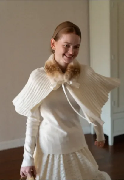 Fur Trimmed Ribbed Knit Cape Sweater