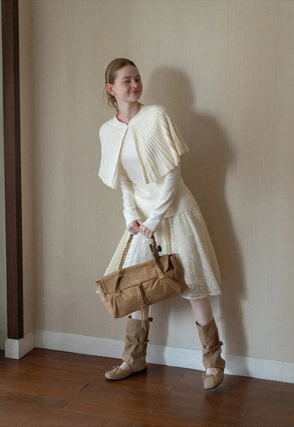 Fur Trimmed Ribbed Knit Cape Sweater