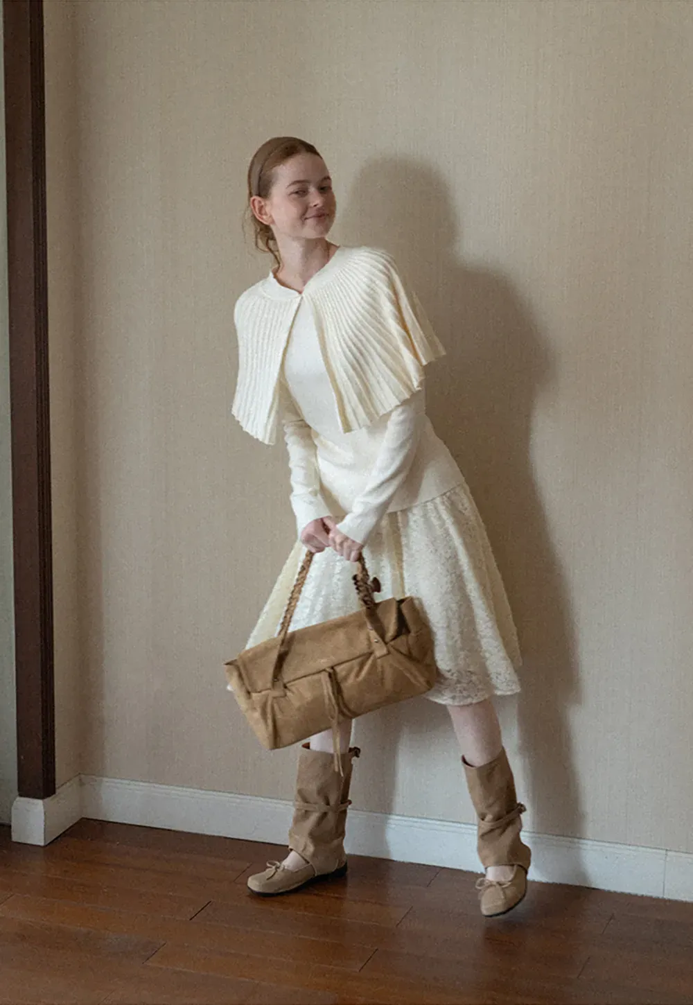 Fur Trimmed Ribbed Knit Cape Sweater