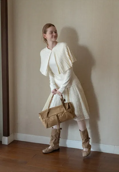 Fur Trimmed Ribbed Knit Cape Sweater