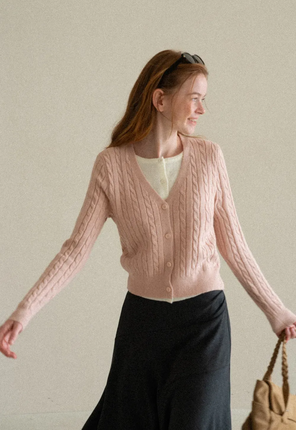 Cable Knit V Neck Button Front Cardigan