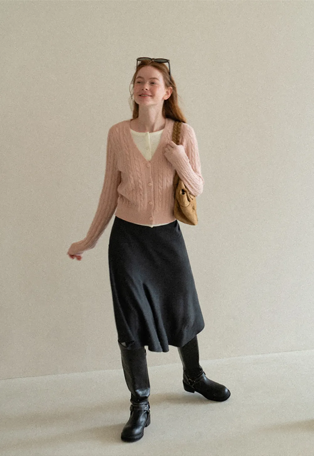 Cable Knit V Neck Button Front Cardigan