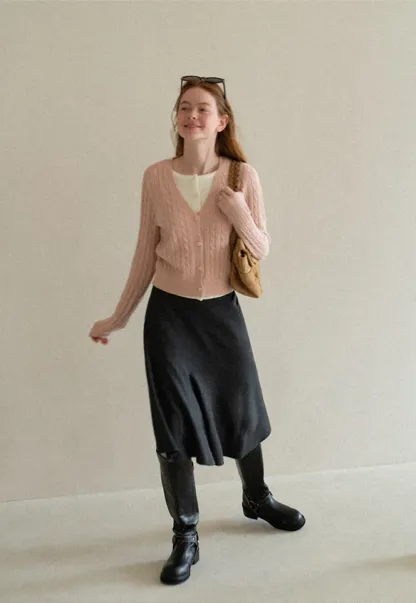 Cable Knit V Neck Button Front Cardigan