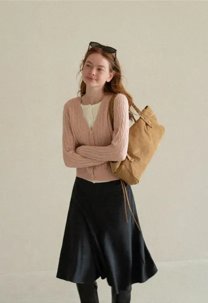 Cable Knit V Neck Button Front Cardigan