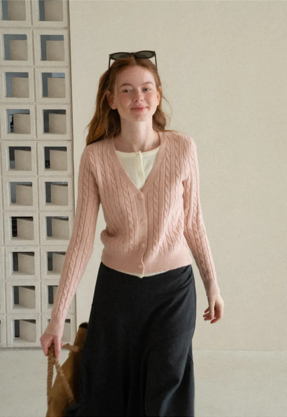 Cable Knit V Neck Button Front Cardigan