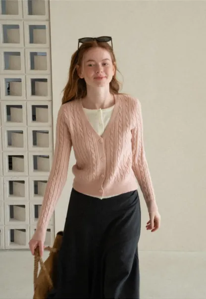 Cable Knit V Neck Button Front Cardigan