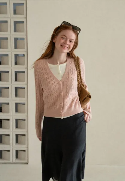 Cable Knit V Neck Button Front Cardigan
