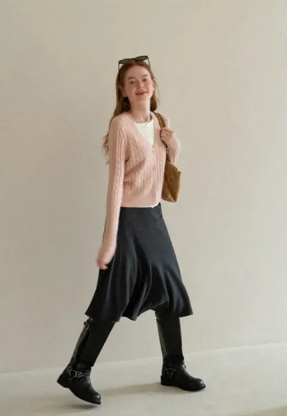 Cable Knit V Neck Button Front Cardigan