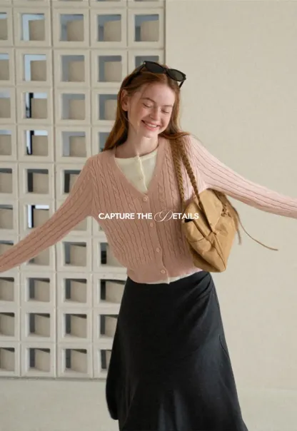 Cable Knit V Neck Button Front Cardigan