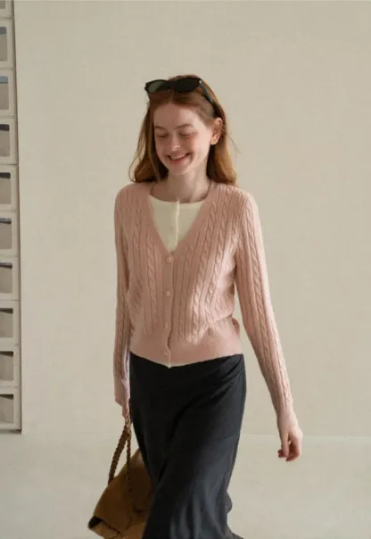 Cable Knit V Neck Button Front Cardigan