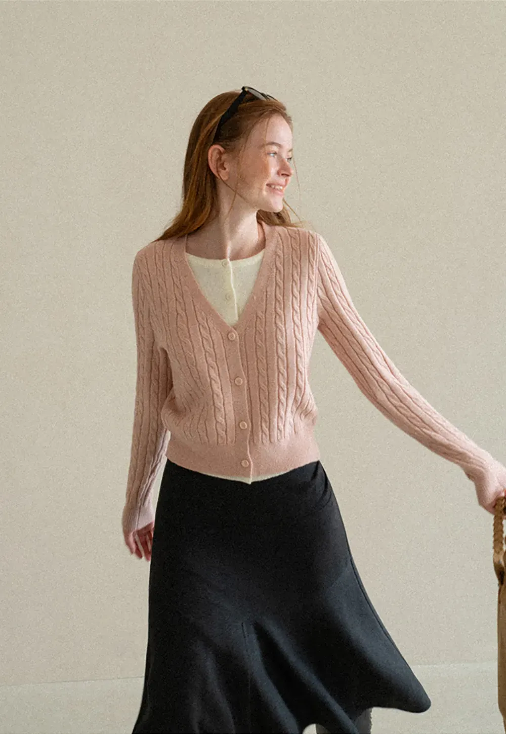 Cable Knit V Neck Button Front Cardigan