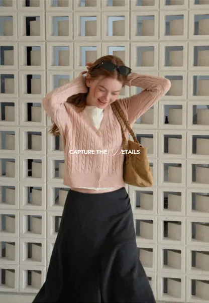 Cable Knit V Neck Button Front Cardigan