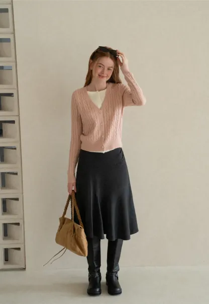 Cable Knit V Neck Button Front Cardigan