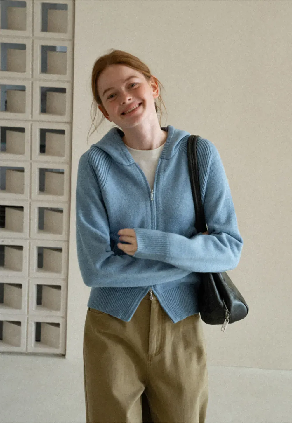 Ribbed Knit Hooded Zip Front Cardigan