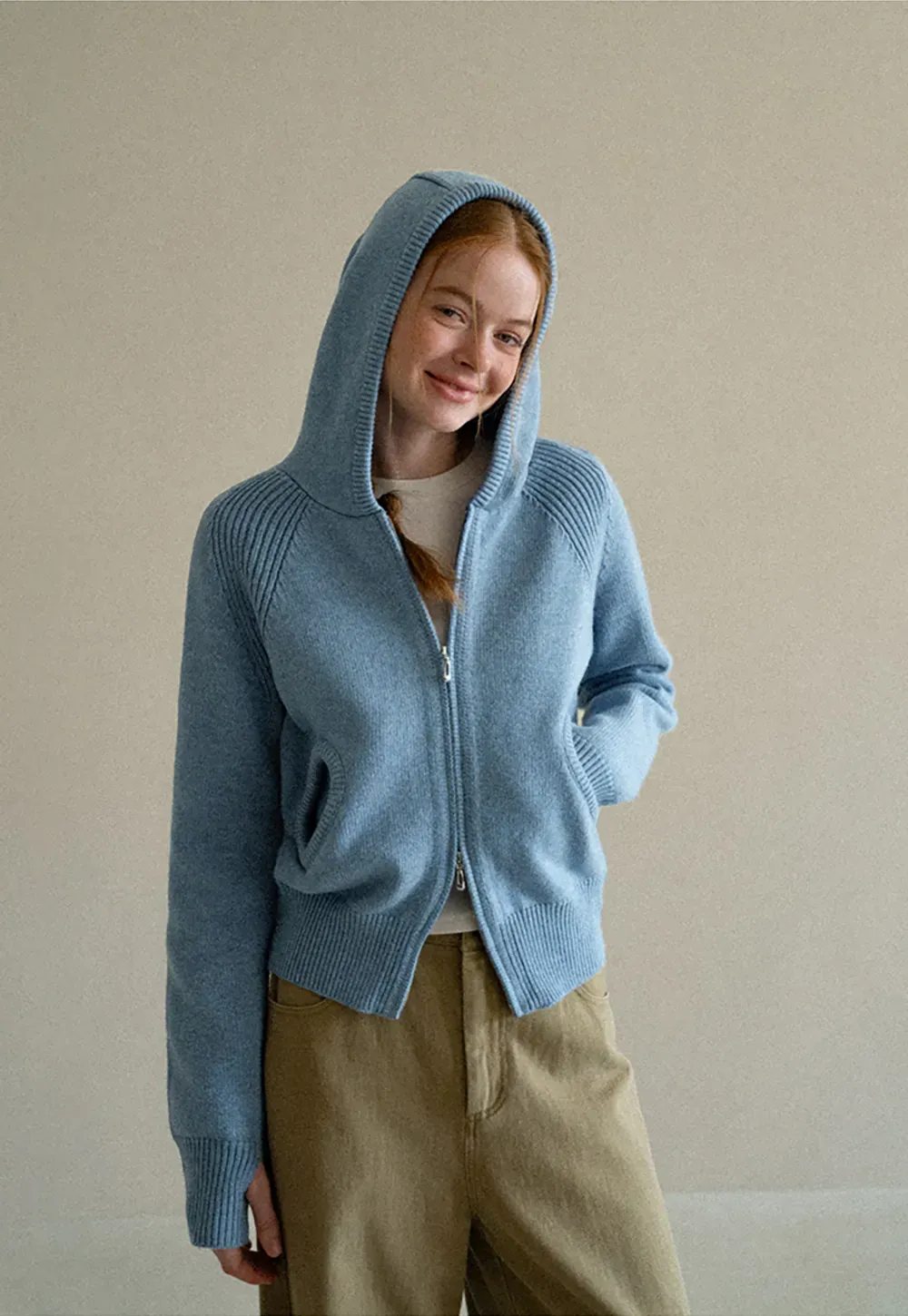 Ribbed Knit Hooded Zip Front Cardigan