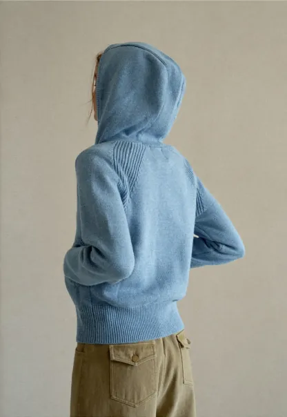 Ribbed Knit Hooded Zip Front Cardigan