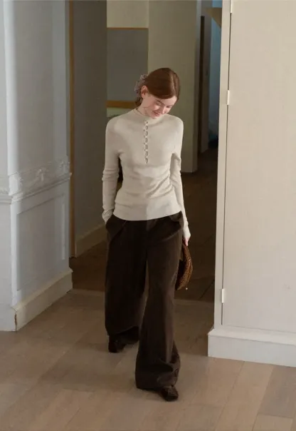 Button Placket High Neck Long Sleeve Knit Sweater