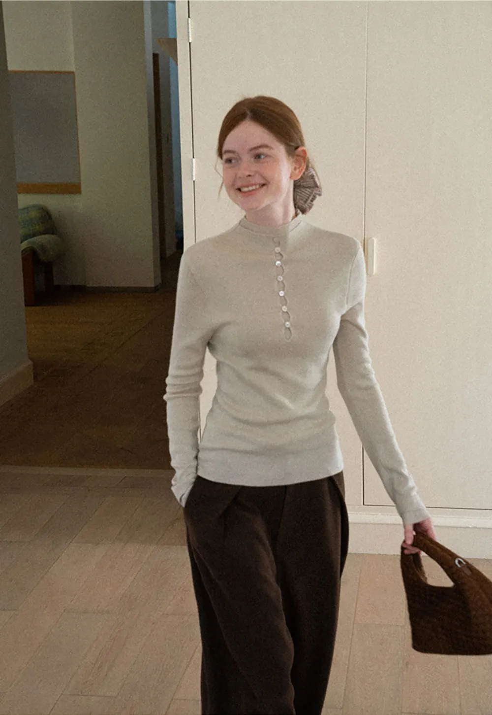 Button Placket High Neck Long Sleeve Knit Sweater