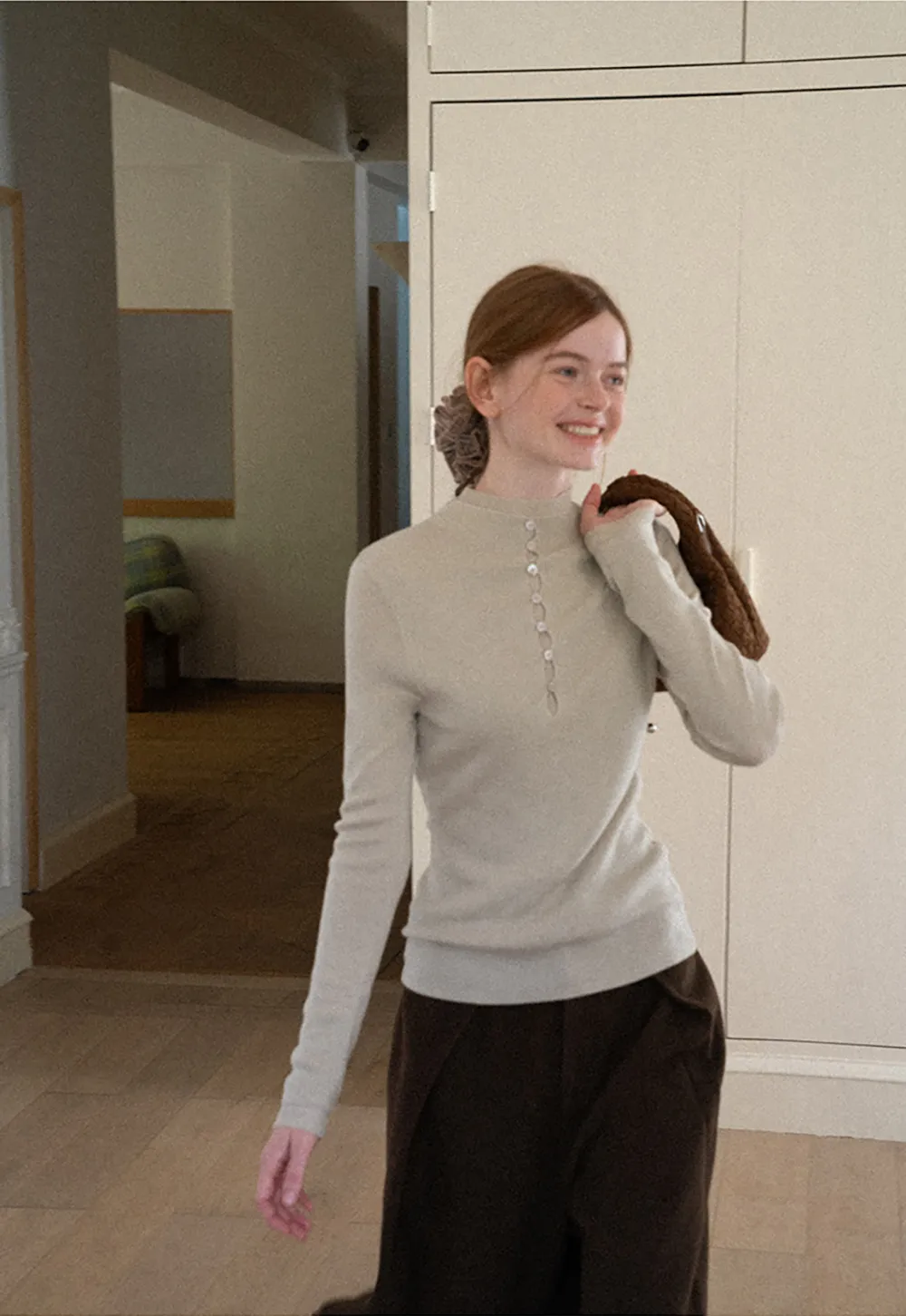 Button Placket High Neck Long Sleeve Knit Sweater