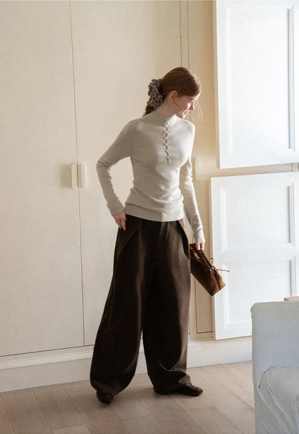 Button Placket High Neck Long Sleeve Knit Sweater