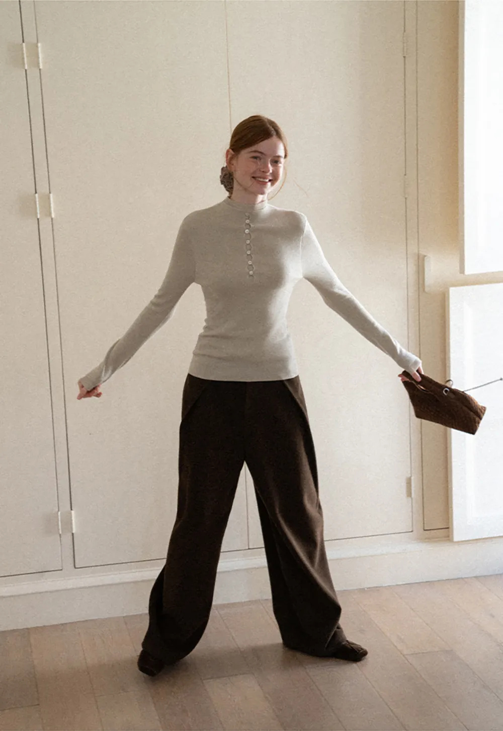 Button Placket High Neck Long Sleeve Knit Sweater