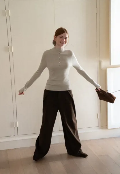 Button Placket High Neck Long Sleeve Knit Sweater