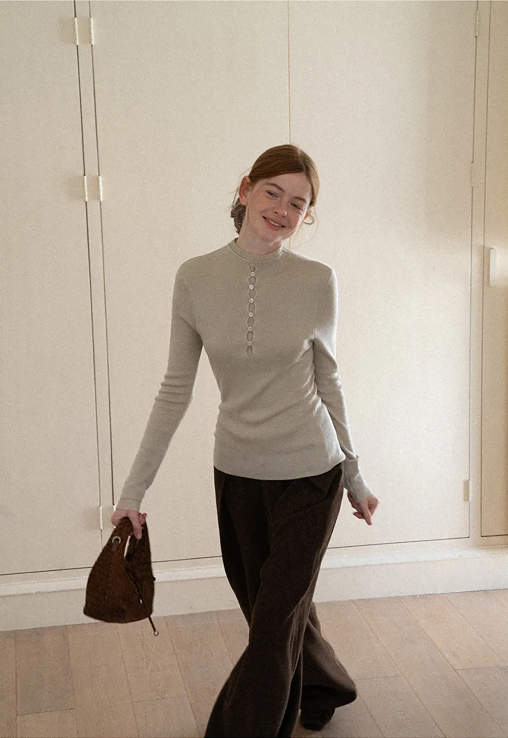 Button Placket High Neck Long Sleeve Knit Sweater