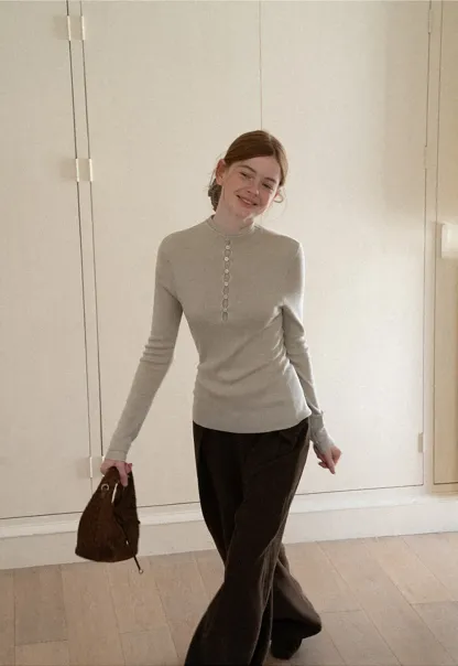 Button Placket High Neck Long Sleeve Knit Sweater