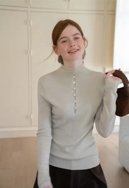 Button Placket High Neck Long Sleeve Knit Sweater