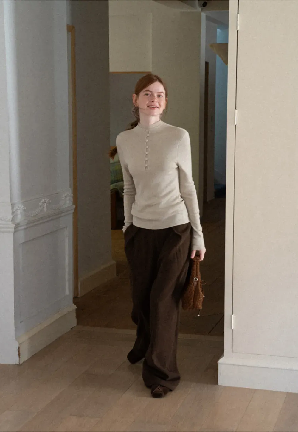 Button Placket High Neck Long Sleeve Knit Sweater