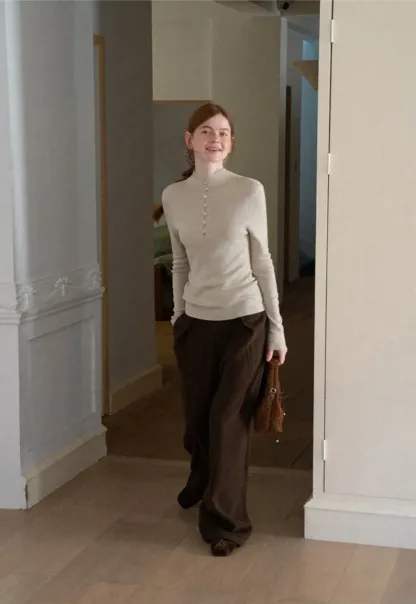 Button Placket High Neck Long Sleeve Knit Sweater