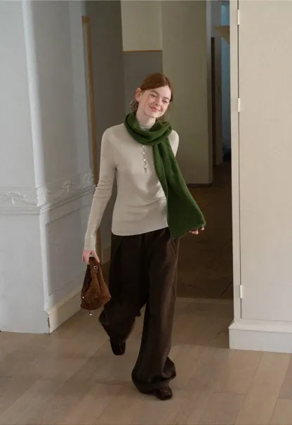 Button Placket High Neck Long Sleeve Knit Sweater